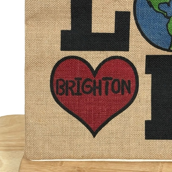 NWOT Brighton “Love Makes the Earth Go Round” Jute Tote Bag with Leather Handles - Picture 2 of 10